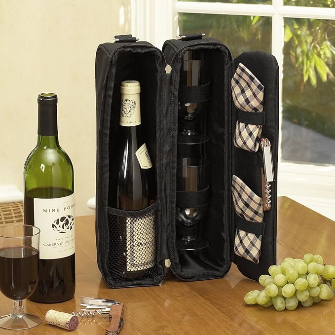 Picnic at Ascot Insulated Wine Tote with 2 Wine Glasses, Napkins and Corkscrew -Designed & Assembled in the USA