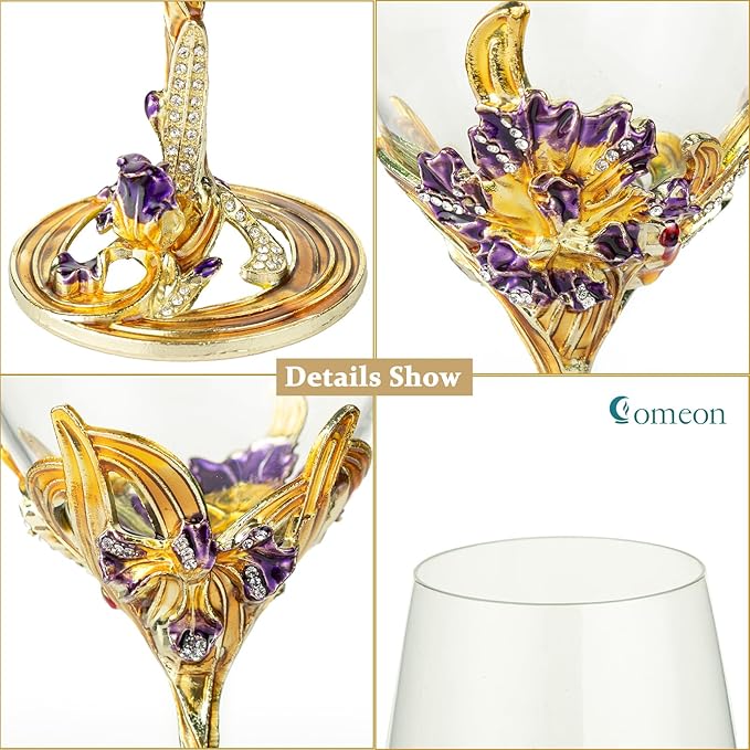 Comeon Wine Glasses Crystal Red Wine Glasses Elegant Champagne Glasses Enamels Floral Decorative Goblets(Golden /2 set(gift box))
