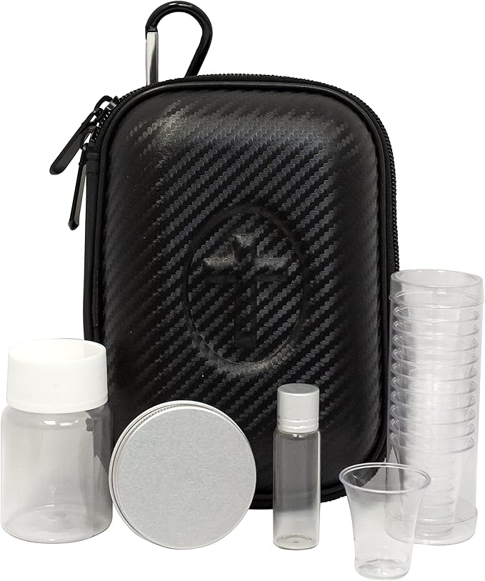 Portable Communion Service Set | Hard Case with Bottle for Wine, Vial for Oil, 12 Plastic Cups, and a Tin for Hosts | Great Catholic Gift for Ordination