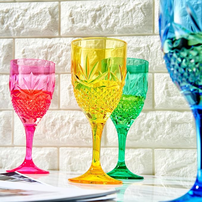 Shatterproof Tritan Stemmed Fancy Wine Glasses Goblets, Resalable | 4 Set | Bright Colors Glass Lookalike, Crystal Color Acrylic Drinkware, Reusable Unbreakable BPA-free plastic, Outdoor & Indoor 11OZ
