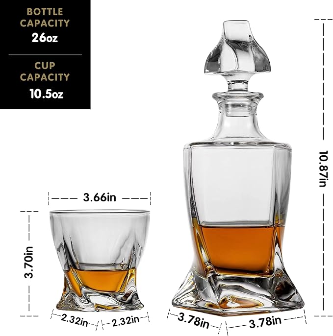 Whiskey Gifts for Men, Whiskey Decanter Set with 4 Glasses in Gift Box by Verolux | Elegant Twisted Design with Glass Stopper - Liquor, Bourbon, Brandy, Gin, Rum, Tequila, Vodka, Cognac