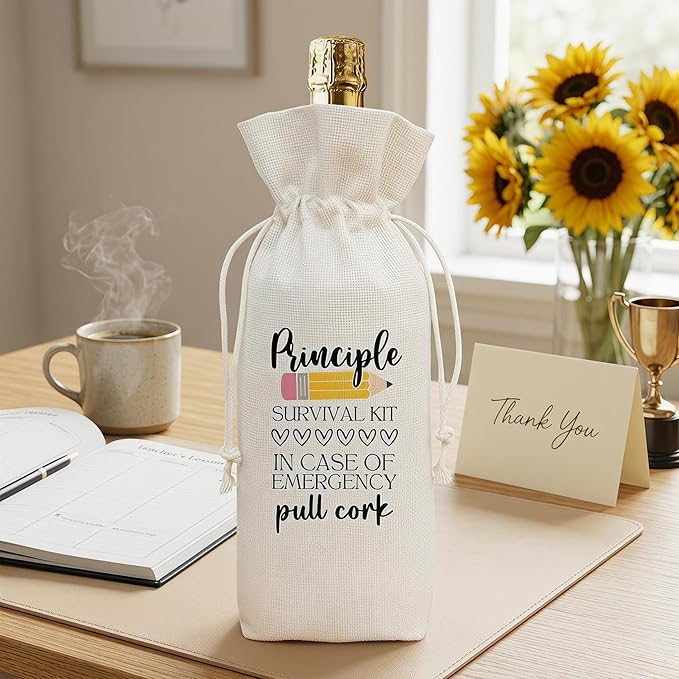 Principal Appreciation Gift Wine Bag, Funny Survival Kit Linen Drawstring Wine Bottle Cover, Reusable Wine Pouch for Principal Back to School Retirement Birthday Thank You Gift - A07