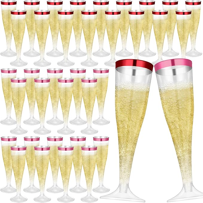 Jingmore 36 Pcs Plastic Champagne Flutes 4.5 oz Clear Disposable Wine Glasses Cocktail Cup Champagne Glass for Wedding Graduation Summer Party Favor Mimosa Bar Supplies (Red,Pink)
