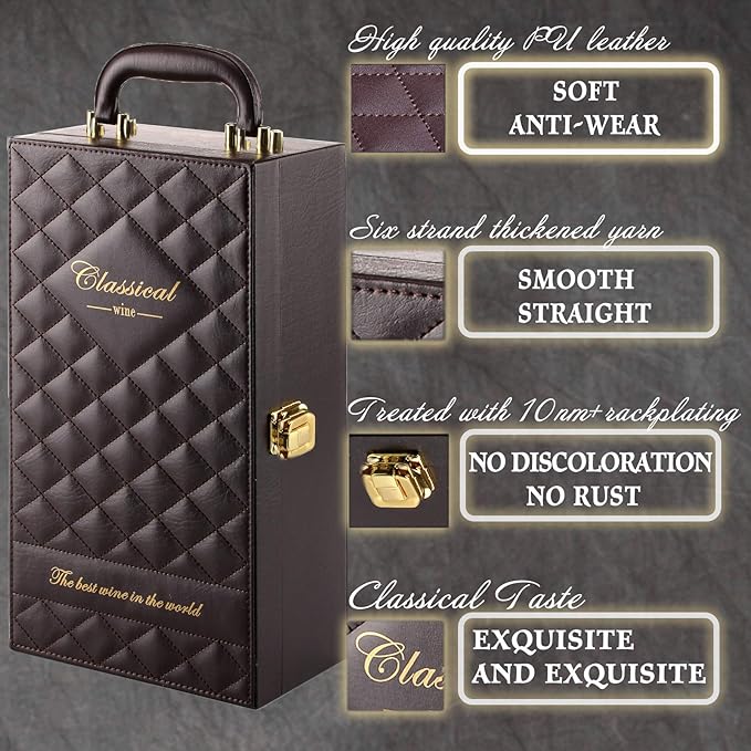 Wine Box, 2 Bottle Leatherette Top Handle with 4 Wine Accessory Travel Wine Gift Box, Handmade Premium Wine Carrier Case