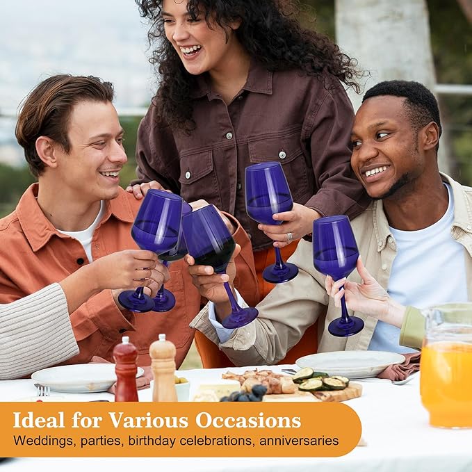 Purple Wine Glasses Set of 6, 12oz Stemmed Glasses, Thick & Colored, Dishwasher Safe Stemware for Red or White, Gift for Party, Holiday, Anniversary, Restaurant, Home Bar, Daily Use