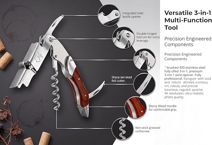 Professional Waiter Corkscrew Wine Key for Bartenders Set of 3,With Long Rosewood Handle Stainless Steel Handle Wine Opener for Bar Restaurant Waiters, Sommelier, Bartend (Rose Wood 3 Packs)