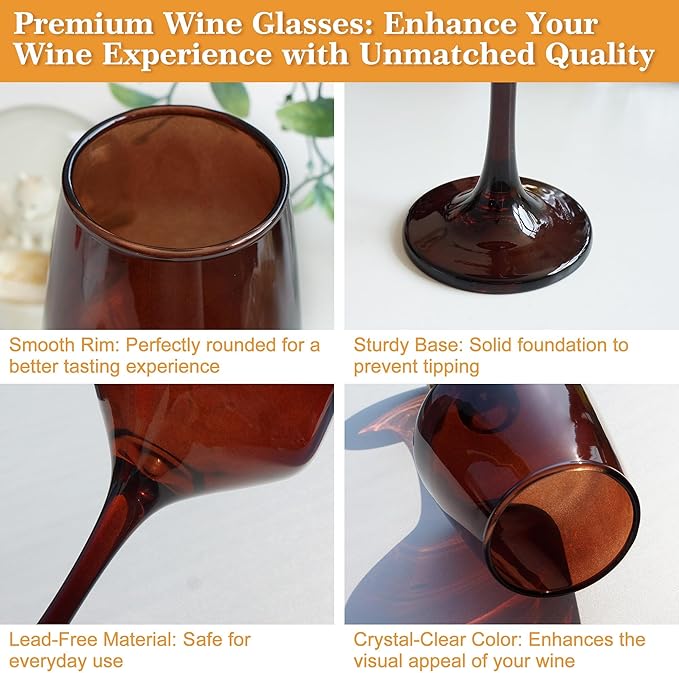 Brown Wine Glasses Set of 6, 14oz Stemmed Glasses, Thick & Colored, Dishwasher Safe Stemware for Red or White, Gift for Party, Holiday, Anniversary, Restaurant, Home Bar, Daily Use