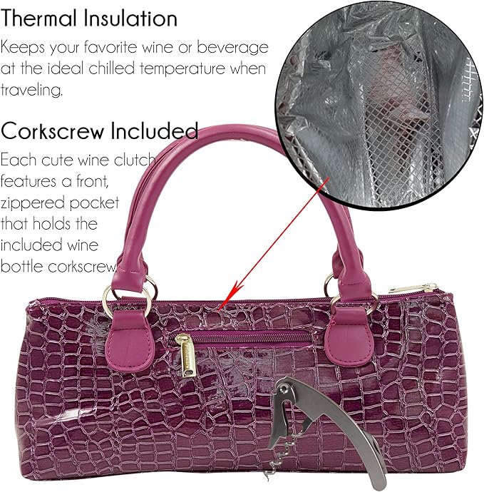 Primeware Wine Clutch Bag (Thermal Insulated) Trendy Women’s Carry Tote | Holds Red & White 750mL Bottles | Trendy Fashion | Incl. Portable Waiter-Style Corkscrew