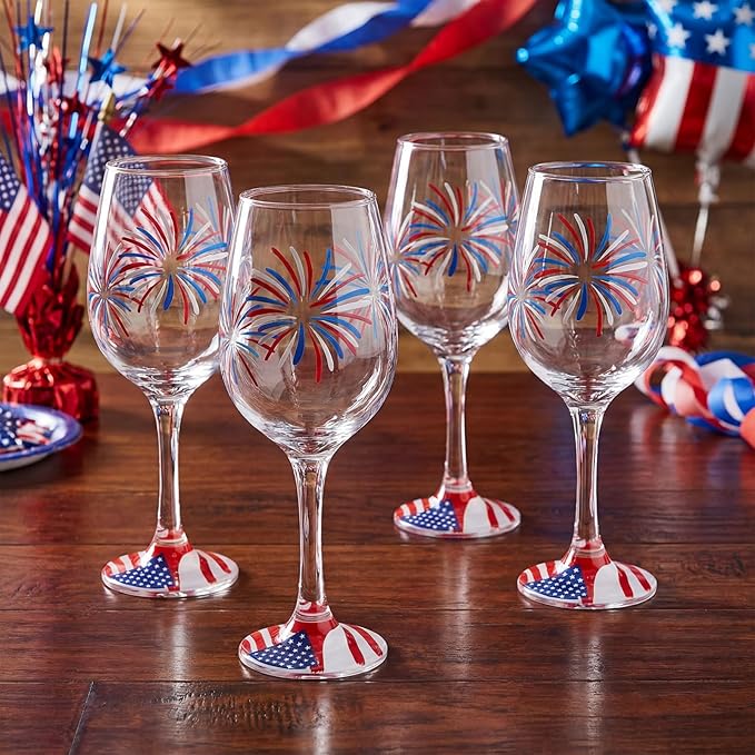 SiliFine 4 Pcs Independence Day 4th of July Party Stemmed Wine Glasses Hand Painted Fireworks USA American Flag Star Drinking Cup Wine Glasses Gifts for Birthday Theme Holiday Party Supplies