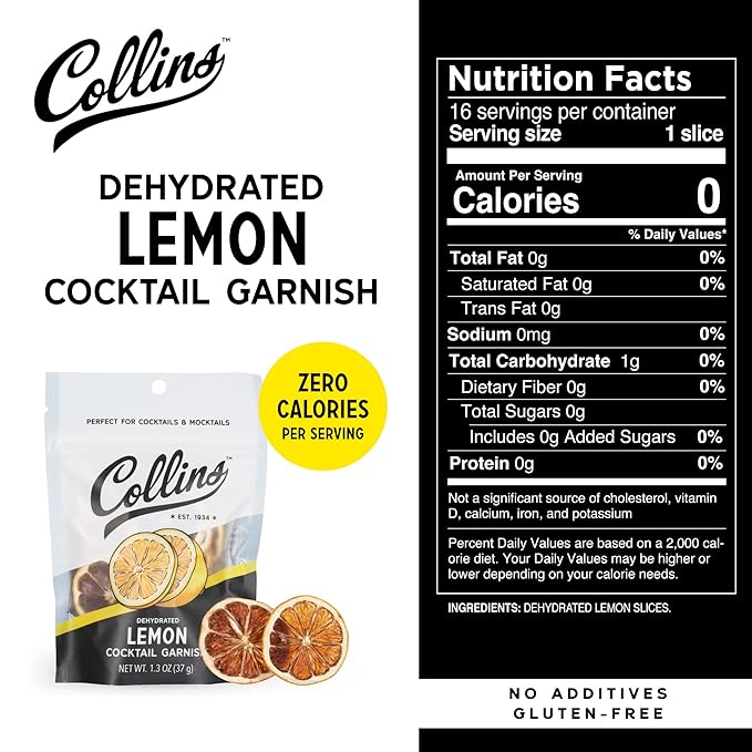 Collins Dehydrated Lemon Cocktail Garnish Slices, 1.3 oz, Perfect for Whiskey Sours, Martinis, Mocktails & Desserts – Premium Drink & Food Garnish – 1.3 oz
