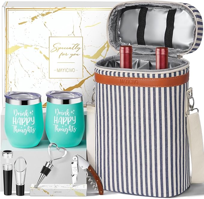 Birthday Gifts for Women Men - Mothers Day Wine Gift Baskets For Woman Mom, Her, Women, Friend, Wine Lovers, Self Care Package, Insulated Wines Tote Bag Carrier w/ Tumblers & Wines Accessories Set
