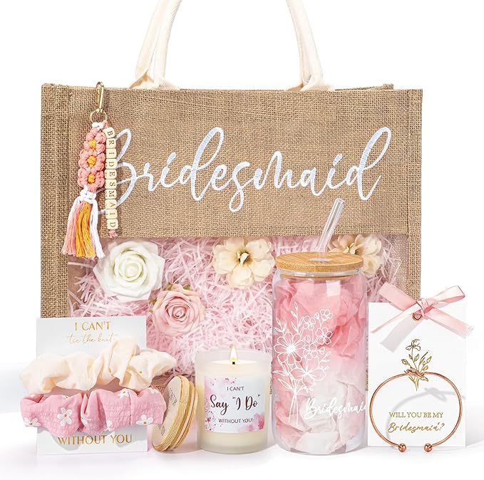 Bridesmaid Gifts, Bridesmaids Proposal Gifts, Will You Be My Bridesmaid Box from Bride for Wedding Day, Engagement Wedding Bachelorette Party Gift, Bridesmaids Proposal Tote Bag Glass Cup Gift Set