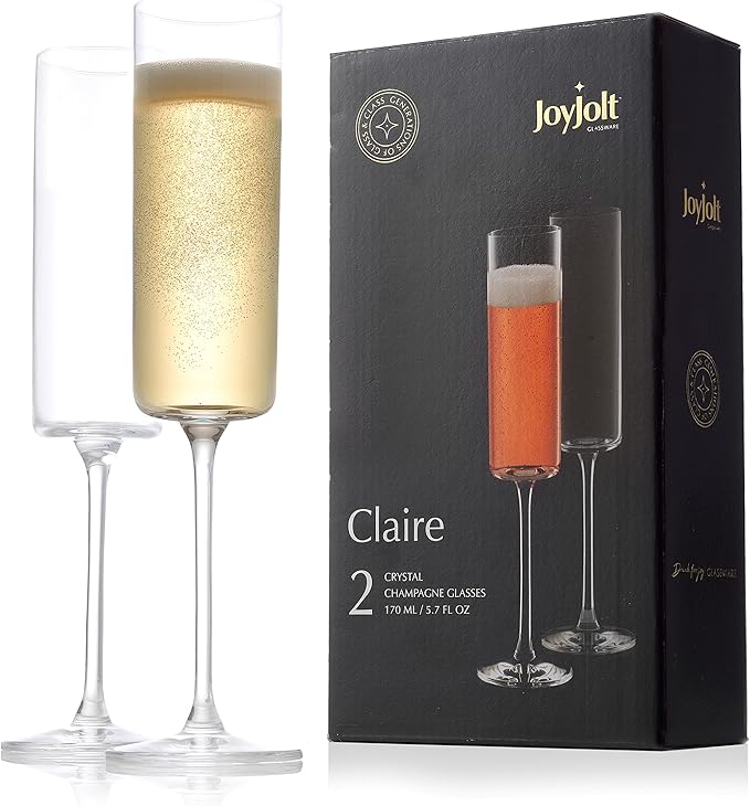 JoyJolt Champagne Flutes, Claire Collection Crystal Champagne Glasses Set of 2, 5.7 Ounce Capacity, Exquisite Craftsmanship, Ideal for Home Bar, Special Occasions – Made in Europe