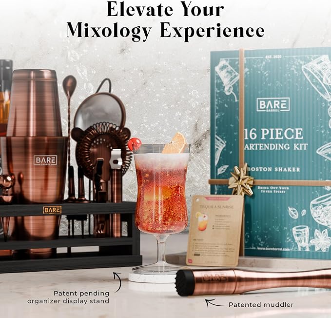 BARE BARREL® Mixology Bartender Kit Bar Set | 16-Piece Cocktail Shaker Set | Martini Barware Mixing Tools for Home Bartending | Incl. 35 Recipe Cards | Gift Set (28oz Boston Shaker, Copper/Black)