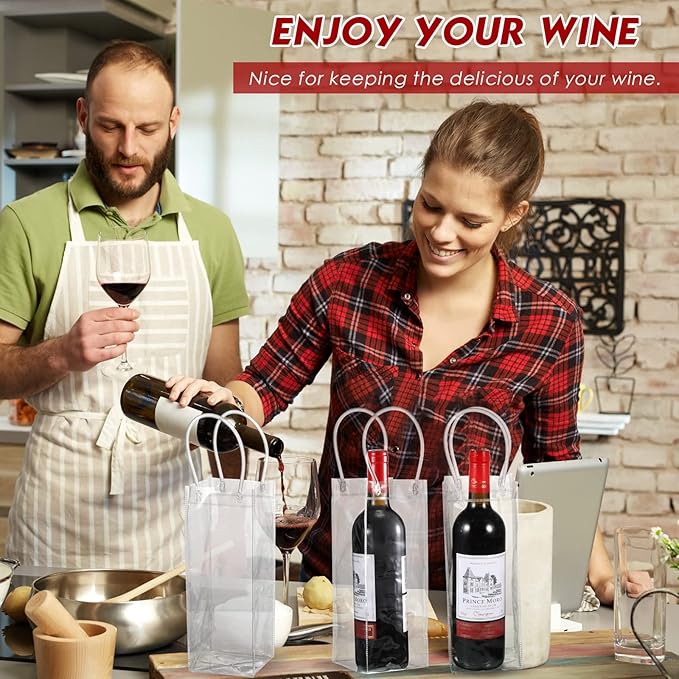 50 Pieces Ice Wine Bag Portable Wine Cooler Bag Drink Bags Clear Wine Pouch Cooler Collapsible PVC Wine Pouch Bags with Handle for Champagne Cold Beer Chilled Beverages Iced Drinks Party Outdoor