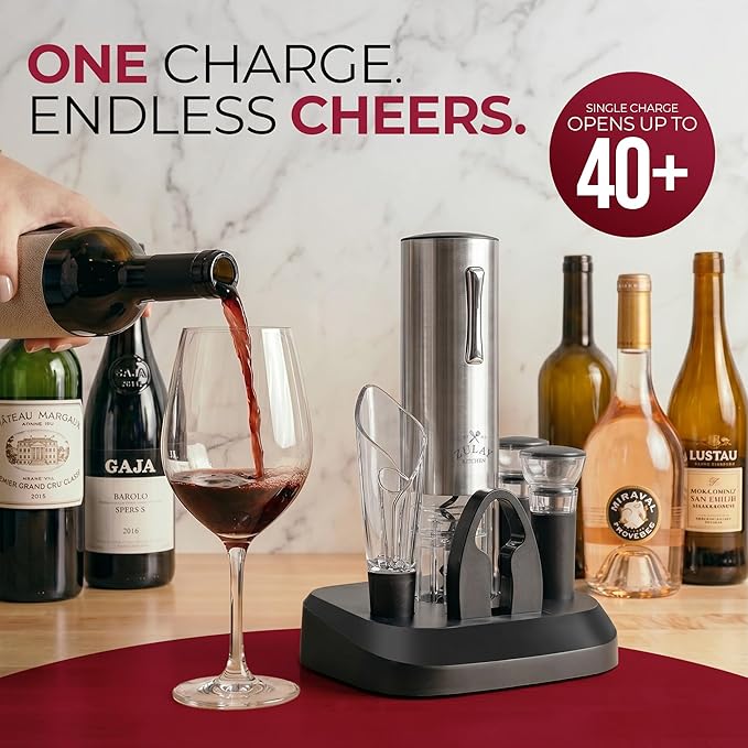 Zulay Kitchen Rechargeable Electric Wine Opener Set with Charging Base - Automatic Corkscrew Wine Bottle Opener, Aerator Pourer, Foil Cutter & 2 Vacuum Stoppers - Stainless Steel Wine Gift Set, Silver