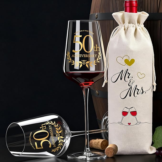 50 Years Anniversary Wine Glass Gift Set of 2 Happy 50th Anniversary Package with 2 Wine Glasses, Wine Bag, and Greeting Card Gifts for Couple Husband and Wife