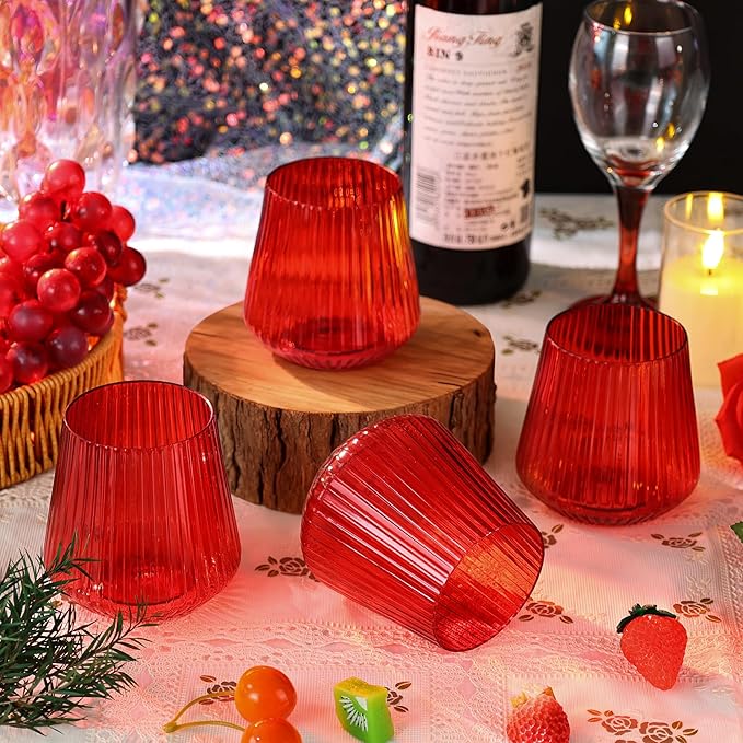 24 Pack Red Plastic Wine Cups for Party, 14oz Disposable Stemless Ribbed Wine Glasses for Christmas, Unbreakable Outdoor Cocktail Glasses, Heavy Duty Reusable Plastic Drinking Cup for Mimosa Bar
