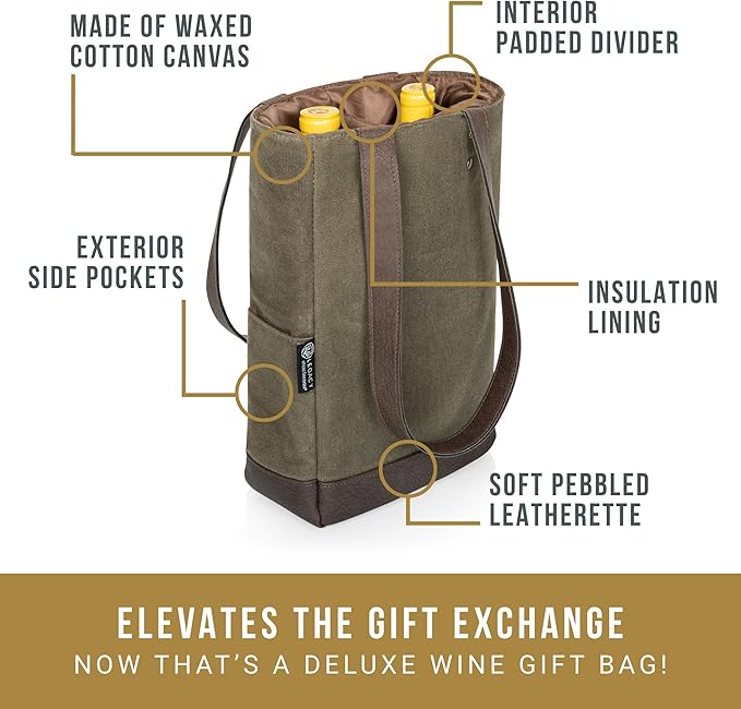PICNIC TIME 2 and 3 Bottle Insulated Wine Bag, Distressed Waxed Canvas Wine Tote, Durable Bottle Carrier Bag for Gifts and Travel with Side Pockets & Removable Divider (Khaki Green with Brown Accents)