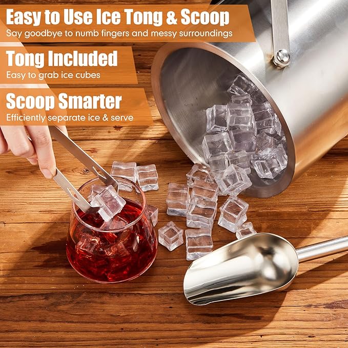 10 PCS 2 Set 3L Portable Ice Buckets for Parties Stainless Steel Double-Wall Insulated Ice Bucket with Lid, Scoop, Tongs Ideal for Cocktail Bar, Outdoor Events & Keeps Drink Frozen Longer