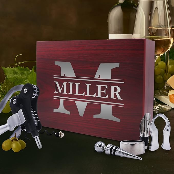 My Personal Memories Custom Engraved 5 Piece Wine Tool Opener Accessories Box Set - Customized Wine Lovers for Anniversary, Weddings, and More (Rosewood)