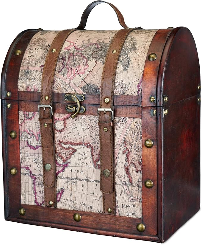 Twine Old World 6 Wooden Wine Bottle Gift Box - Wine Decorative Storage Box with Lid and Handle, Wine Accessory Sets, Wood, Faux Leather in Antique Map Design Liquor Gift Box