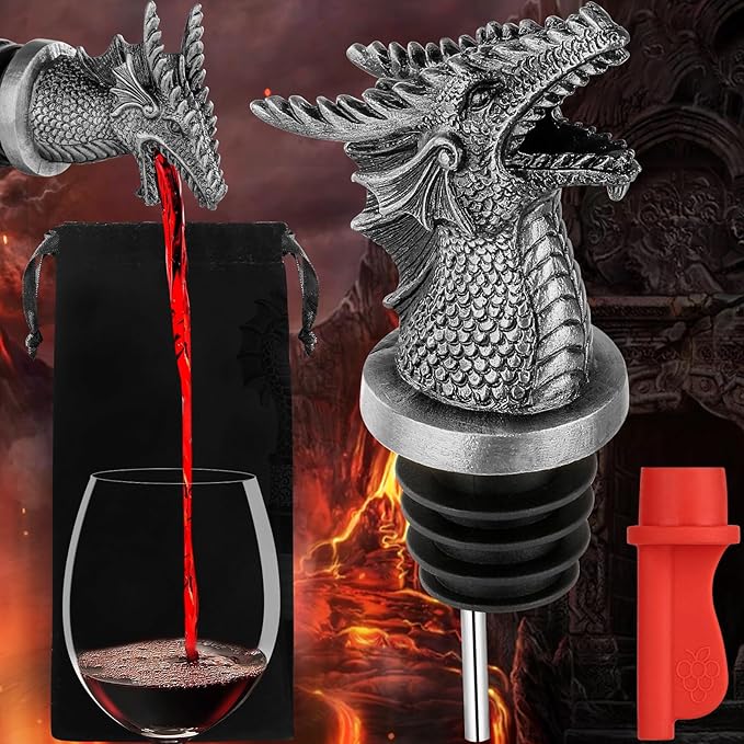 LKKCHER Dragon Head Liquor Pourers Spout for Alcohol Spirits, Dragon Gifts 2-In-1 Wine Bottle Pourer and Stopper for Men Women, Wine Accessories Gifts, Silver with Bag