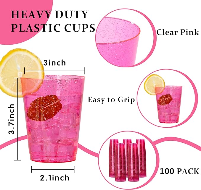 DaYammi 100 Pack Pink Plastic Cups 10Oz Clear Pink Disposable Party Cups for Martini and Cocktail,Fancy Disposable Cup for Wedding,Pink Party Cups Perfect for Mother's Day Party Wedding