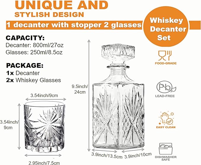 Whiskey Decanter Set,800ML Elegant Liquor Carafe with Ornate Glass Stopper and 2 Matching Whisky Tumblers–Whisky,Scotch, Liquor, Wine, Bourbon, Gin, Rum, Tequila, Vodka and Brandy (Blossom Style)