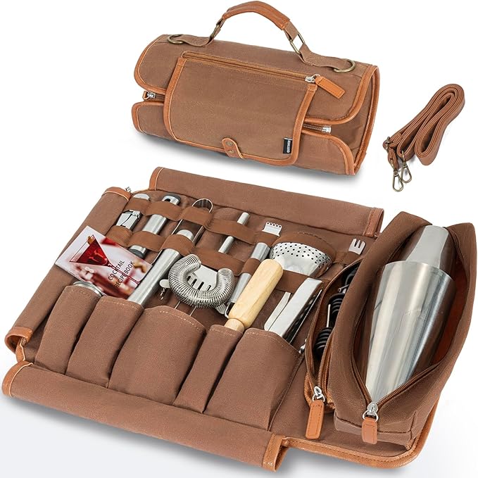 Travel Bartender Kit Bag with 22-Pc Cocktail Shaker Set, Waxed Canvas Protable Carrying Bartender Bag with Stainless Steel Bar Tool Set, Roll-Up Bartenders Kits for Professional Bartenders