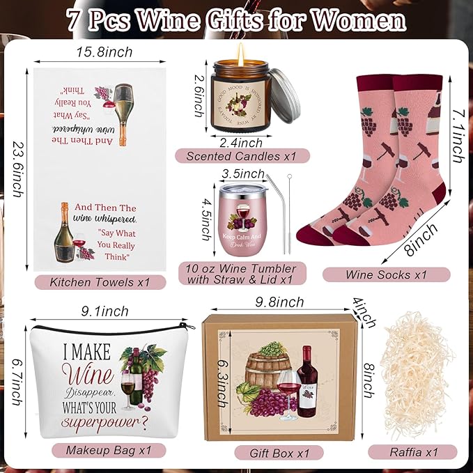 Sieral 7 Pack Funny Wine Mother's Day Gifts Set Include Stainless Steel Tumbler Scented Candle Kitchen Towel Crew Sock Makeup Bag Raffia Gift Box for Wine Lover Mom Sister Friends Coworker