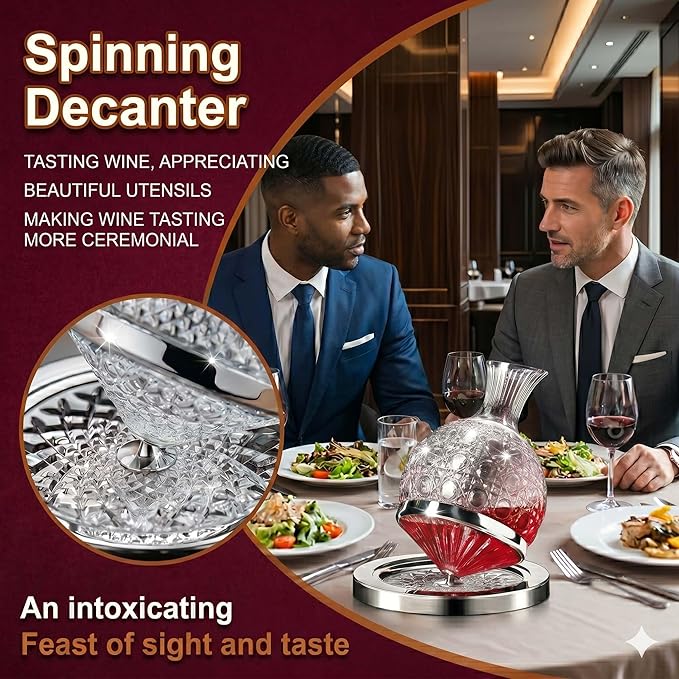 Crystal Red Wine Decanter Set - 360° Rotating Wine Aerator Carafe Soccer Design, 1.5L Hand-Blown Crystal Glass Wiskey Decanter with Gift Box, for Wine Lovers & Soccer Fans (Silver)