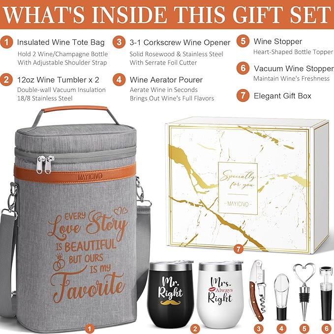 Anniversary Engagement Gifts for Men Women, Mr and Mrs Wine Tumblers Gifts Basket- Wedding Gifts for Couple, Bridal Shower, Newlywed, Husband, Wife - Insulated Wine Cooler Tote Bag w/Wine Accessories