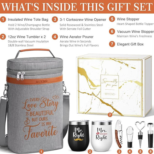 Anniversary Engagement Gifts for Men Women, Mr and Mrs Wine Tumblers Gifts Basket- Wedding Gifts for Couple, Bridal Shower, Newlywed, Husband, Wife - Insulated Wine Cooler Tote Bag w/Wine Accessories