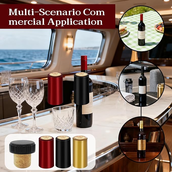 60Pcs Wine Bottle Sealer for Cruise - 30Pcs Heat Shrink Wine Sealer Capsules & 30Pcs Wines Corks Stoppers Cap, PVC Wines Bottle Resealer Kit for Recorking(3 Color)