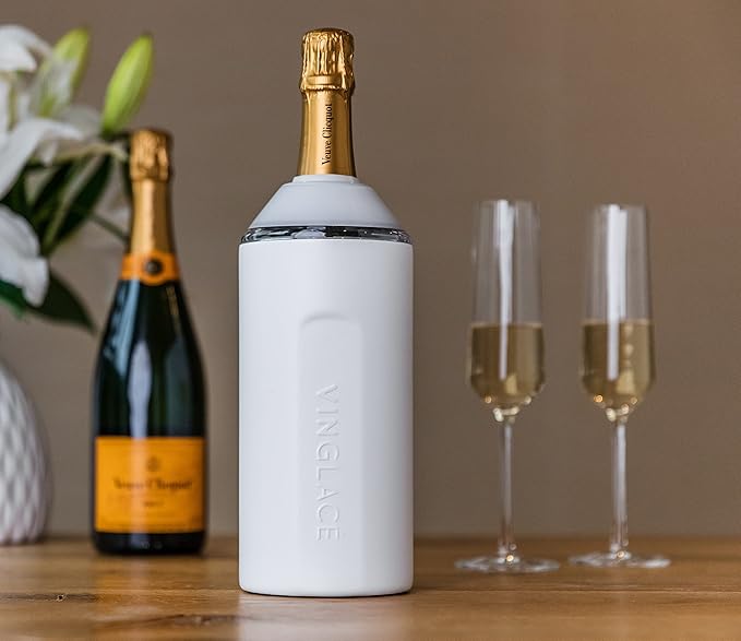 Vinglacé Wine Bottle Chiller- Portable Champagne Insulator- Stainless Steel Wine Cooler Sleeve - Keeps Wine Cold (White)