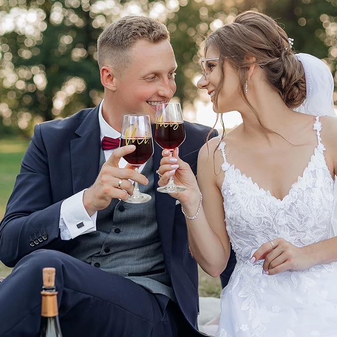 AW BRIDAL Mr and Mrs Wine Glasses Set of 2 for Engagement Bridal Shower, Wedding Gifts for Newlywed Couples 2026, Personalized Anniversary Wine Glass Gift Basket for Bride Groom and Fiance Fiancee
