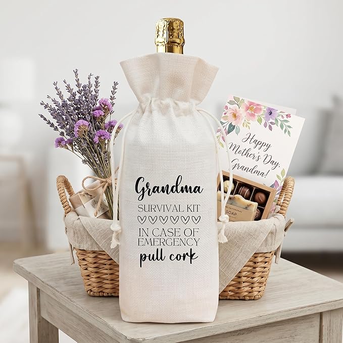 Grandma Gift Wine Bag from Grandkids, Funny Survival Kit Linen Drawstring Wine Bottle Cover, Reusable Wine Gift Pouch for Grandma Mother's Day Birthday Christmas Grandparents Day - A01