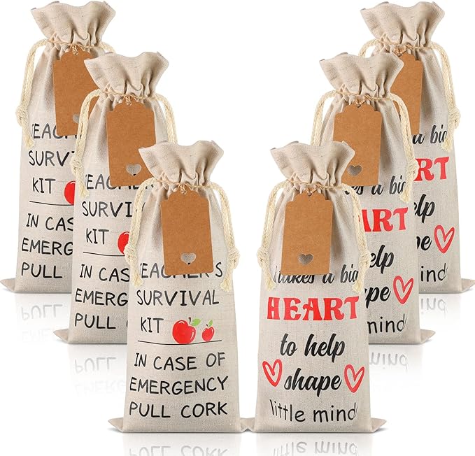 6 Pieces Teacher Appreciation Gift Wine Bags for Women Men, Burlap Wine Bottle Bags with Drawstrings and Tags End of Year Graduation Thank You Gifts for Teacher