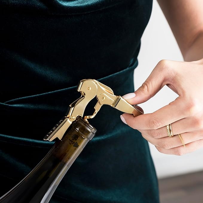 Viski 24k Gold Plated Signature Double Hinged Waiter's Corkscrew Wine Opener, Stainless Steel with Built-in Bottle Opener & Foil Cutter for Home Bar, Kitchen, Travel, Gifts for Wine Lovers, Set of 1