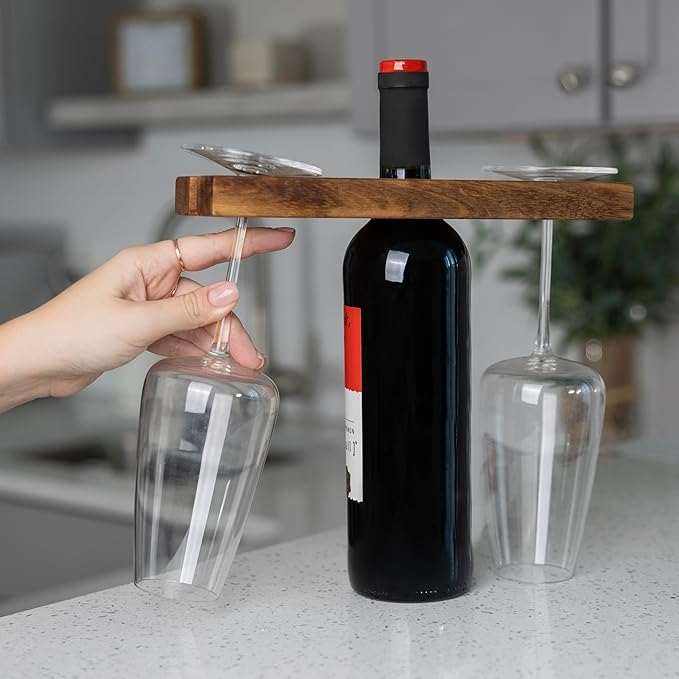 Ironwood Gourmet Acacia Wood Wine Glass Holder for Wine Bottles, Holds 2 Wine Glasses
