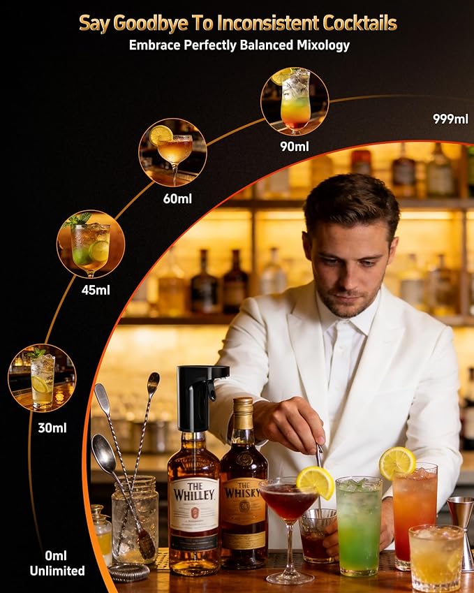 Fathers Day Gift | World Cup Viewing Party Supplies,Electric Whiskey & Cocktail Dispenser-Smart Pouring, Adjustable 1‑999ml Dosing, Rechargeable Battery, Ideal for Home Bars & Enthusiasts (Black)