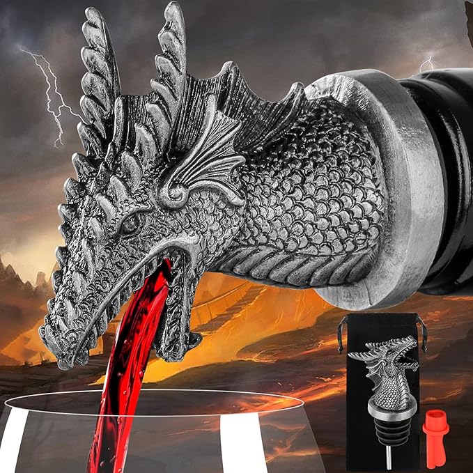 LKKCHER Dragon Head Liquor Pourers Spout for Alcohol Spirits, Dragon Gifts 2-In-1 Wine Bottle Pourer and Stopper for Men Women, Wine Accessories Gifts, Silver with Bag