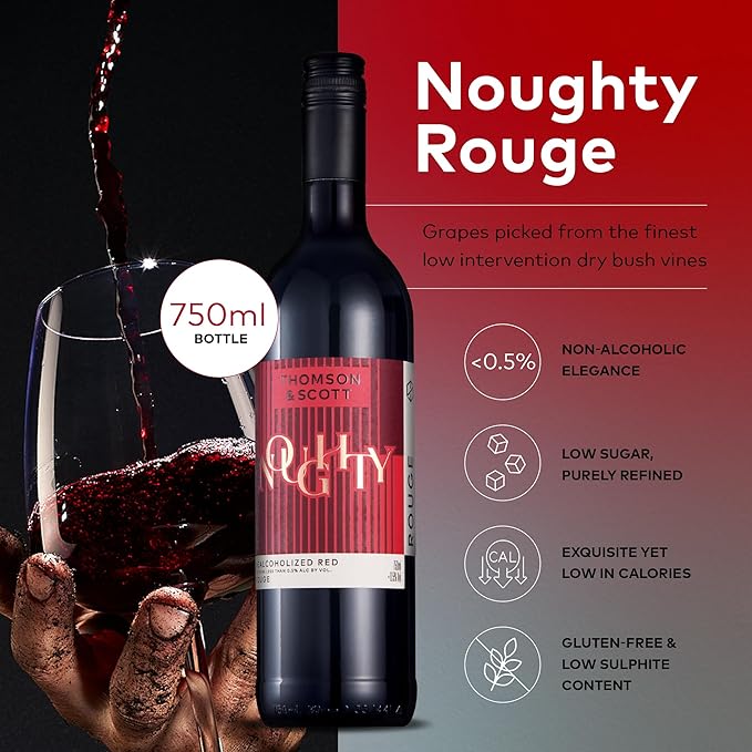 Thomson & Scott Noughty Red, Dealcoholized Rouge Non Alcoholic Red Wine, Dry, Ripe Fruit, Black Pepper, Rose, Cherries, Low Acidity, Organic, Low-Sugar, Syrah Grapes, <0.5% ABV, 750ml Bottle, 1 Pack