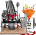 Bar Set Cocktail Shaker Set Bartender Kit, 17 Piece Silver Cocktail Set, Mixology Bartender Kit with Wood Stand, Steel Cocktail Kit, Bar Accessories: 30oz Martini Shaker, Muddler, Cocktail Book & More