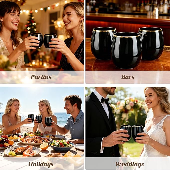 GuanQiao 24 Pack Plastic Wine Glasses with Gold Rim, 12oz Black Stemless Disposable Wine Cups, Shatterproof & BPA-Free Reusable Drinkware for Wedding, Party, New Year and Bridal Shower
