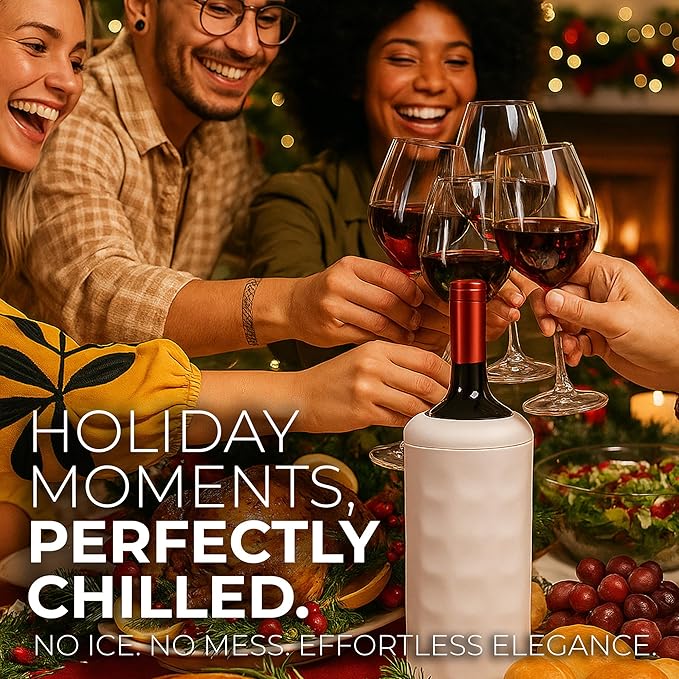 Premium Wine Chiller - 750ml Stainless Steel Wine Bottle Cooler, Vacuum Insulated & Double-Walled - Keeps Wine Cold for 6+ Hours - Champagne Chiller Sleeve for Most Bottles - White