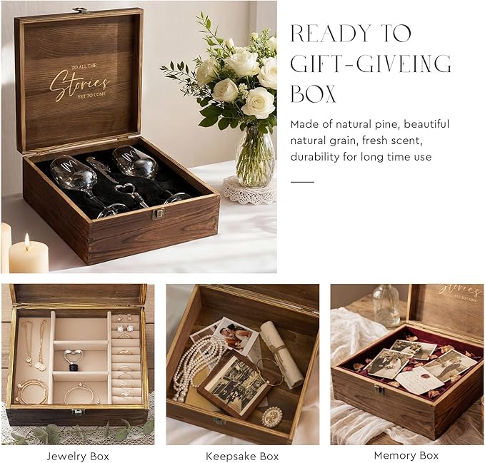 AW BRIDAL Mr and Mrs Wine Glasses Wedding Gifts for Couples 2026, Engagement Gift for Newly Engaged Couple, Bridal Shower and Bachelorette Gifts for Bride, Wine Opener Stopper and Wooden Keepsake Box