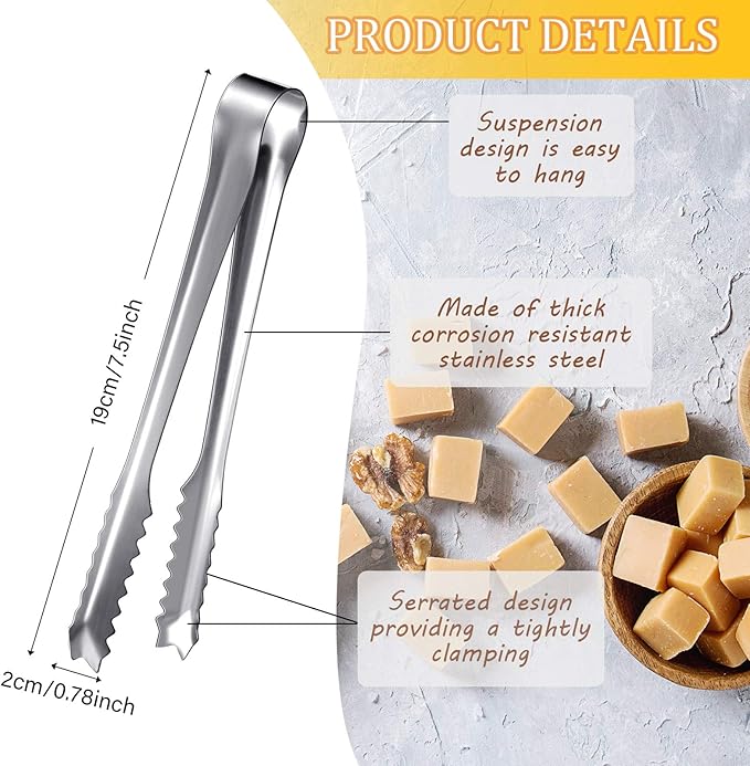 10-Piece Stainless Steel Ice Tongs - Sawtooth Food Serving Tongs for Restaurant, Hotel, Ice Bucket - 7.5 Inch