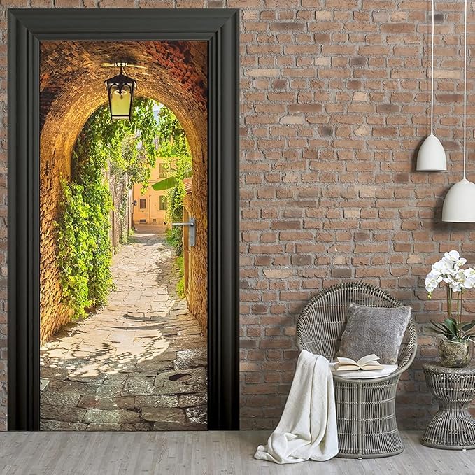 3D Door Stickers Murals Peel and Stick - TOSKANA Corridor - Door Wallpaper Self-Adhesive Door Decals Removable PVC Waterproof Door Poster for Bedroom Living Room Door Decoration 33.9"x78.7"